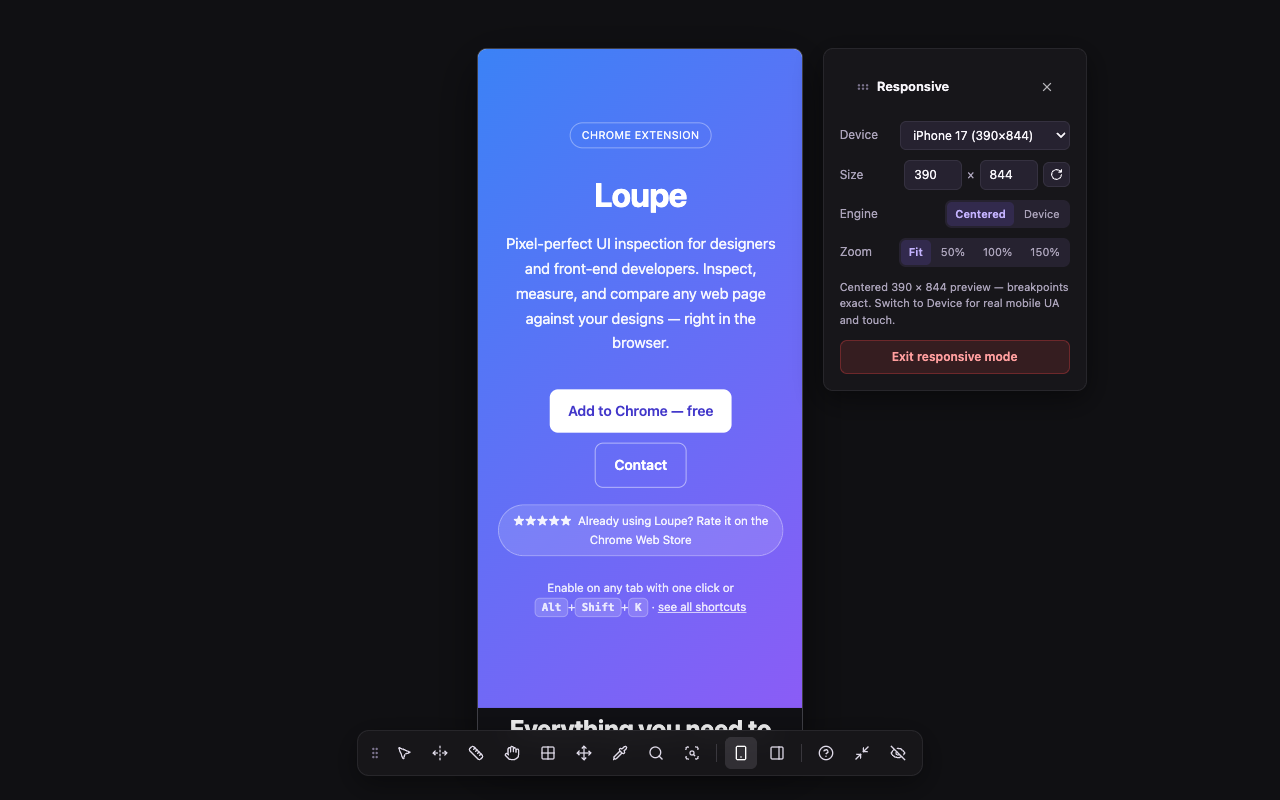 Loupe's responsive mode: this site previewed in a centered iPhone-sized frame, with the device controls floating beside it and the tool dock below